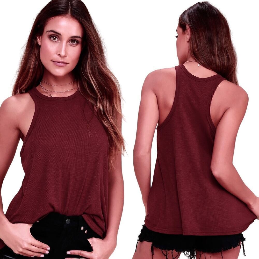 Free People Long Beach Tank Size XS Ribbed Burgundy Wine Red